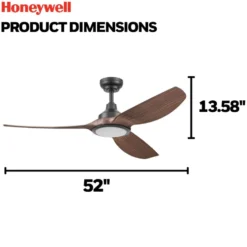 Honeywell Sirro Indoor or Covered Outdoor Ceiling Fan with Chocolate Auburn Blades and Adjustable LED Light, 52-Inch, Matte Black - 53027-03