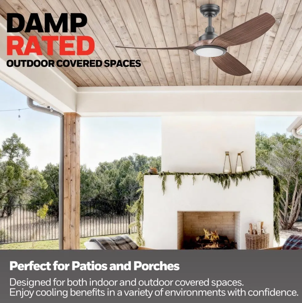 Honeywell Sirro Indoor or Covered Outdoor Ceiling Fan with Chocolate Auburn Blades and Adjustable LED Light, 52-Inch, Matte Black - 53027-03