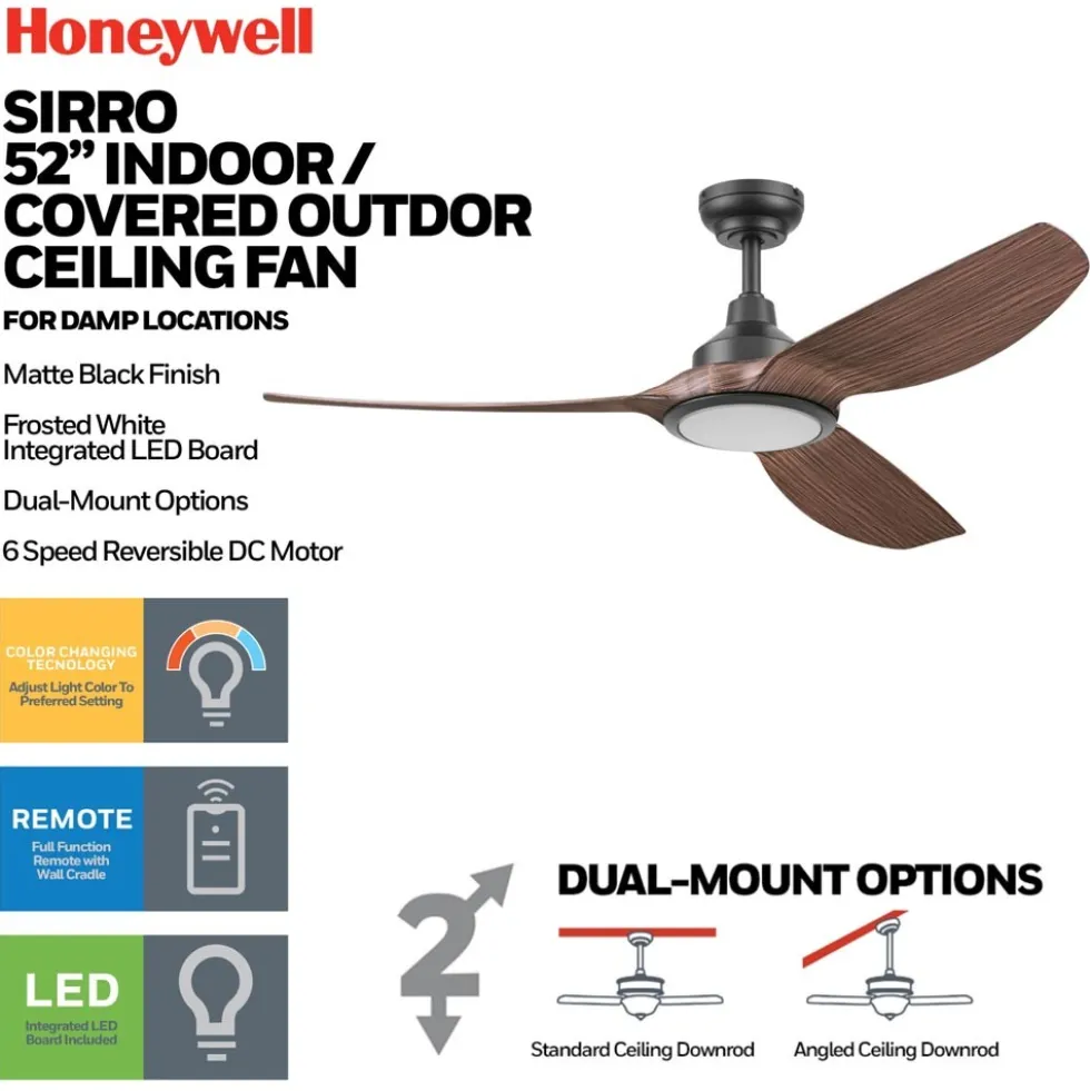 Honeywell Sirro Indoor or Covered Outdoor Ceiling Fan with Chocolate Auburn Blades and Adjustable LED Light, 52-Inch, Matte Black - 53027-03