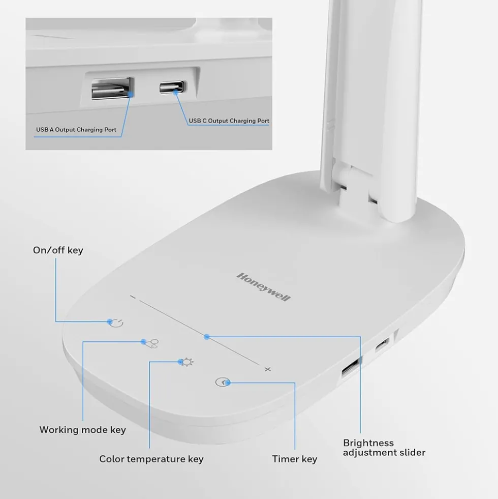 Honeywell Small LED Desk Lamp with USB A+C Dual Charging Ports and Eye Protection, White