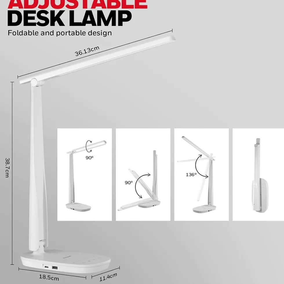 Honeywell Small LED Desk Lamp with USB A+C Dual Charging Ports and Eye Protection, White