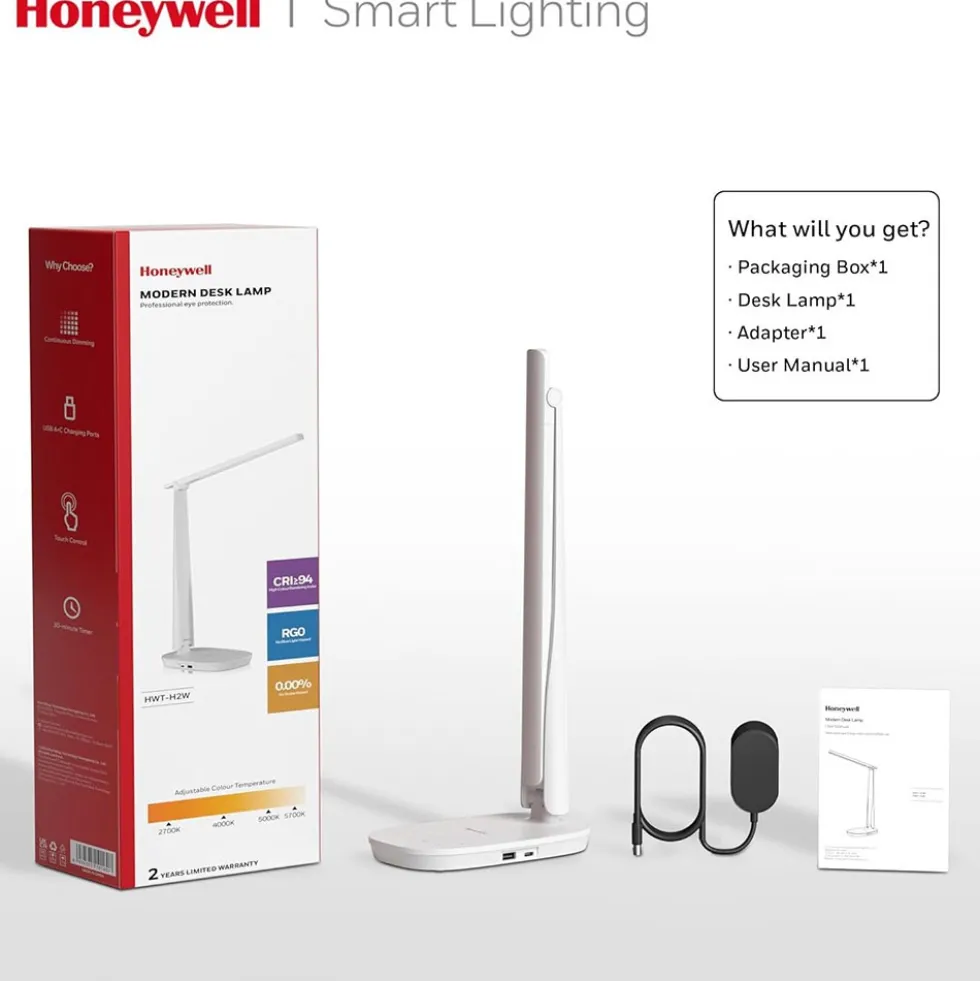 Honeywell Small LED Desk Lamp with USB A+C Dual Charging Ports and Eye Protection, White