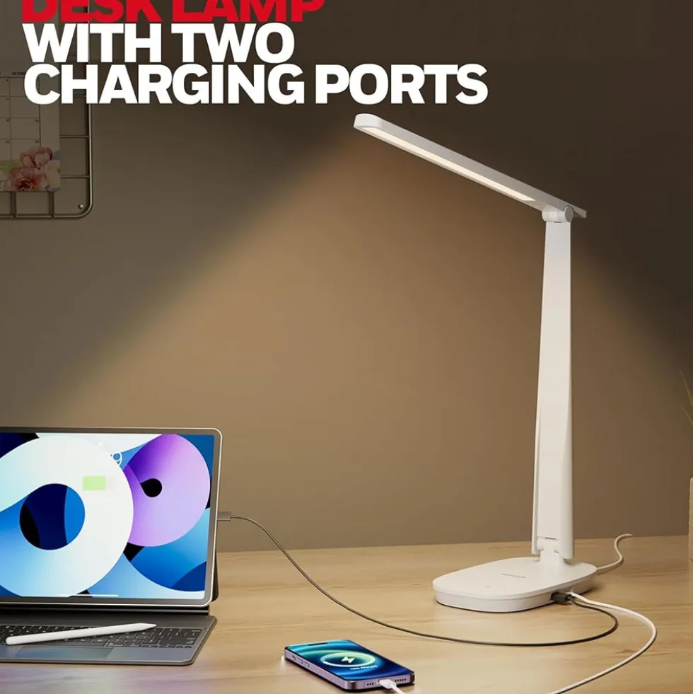 Honeywell Small LED Desk Lamp with USB A+C Dual Charging Ports and Eye Protection, White