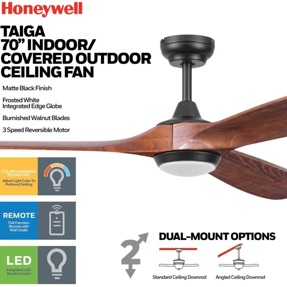 Honeywell Taiga Indoor or Covered Outdoor Ceiling Fan with Solid Wood Redwood Blades and Adjustable LED Light, 70-Inch, Matte Black - 53028-03