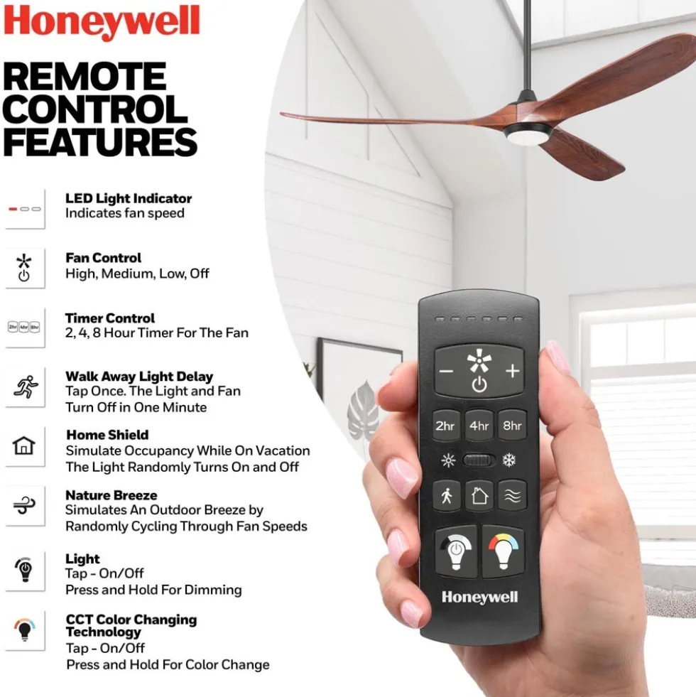 Honeywell Taiga Indoor or Covered Outdoor Ceiling Fan with Solid Wood Redwood Blades and Adjustable LED Light, 70-Inch, Matte Black - 53028-03