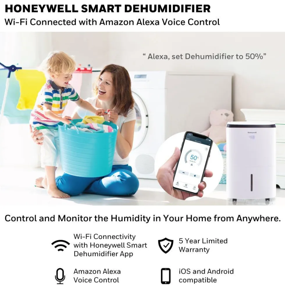 Honeywell TP50AWKNR 50-Pint Smart Dehumidifier with Alexa Voice Control
