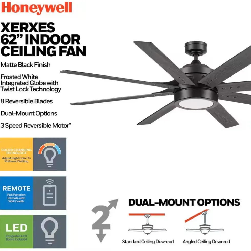 Honeywell Xerxes Indoor Ceiling Fan, Matte Black, 62-Inch - 51993