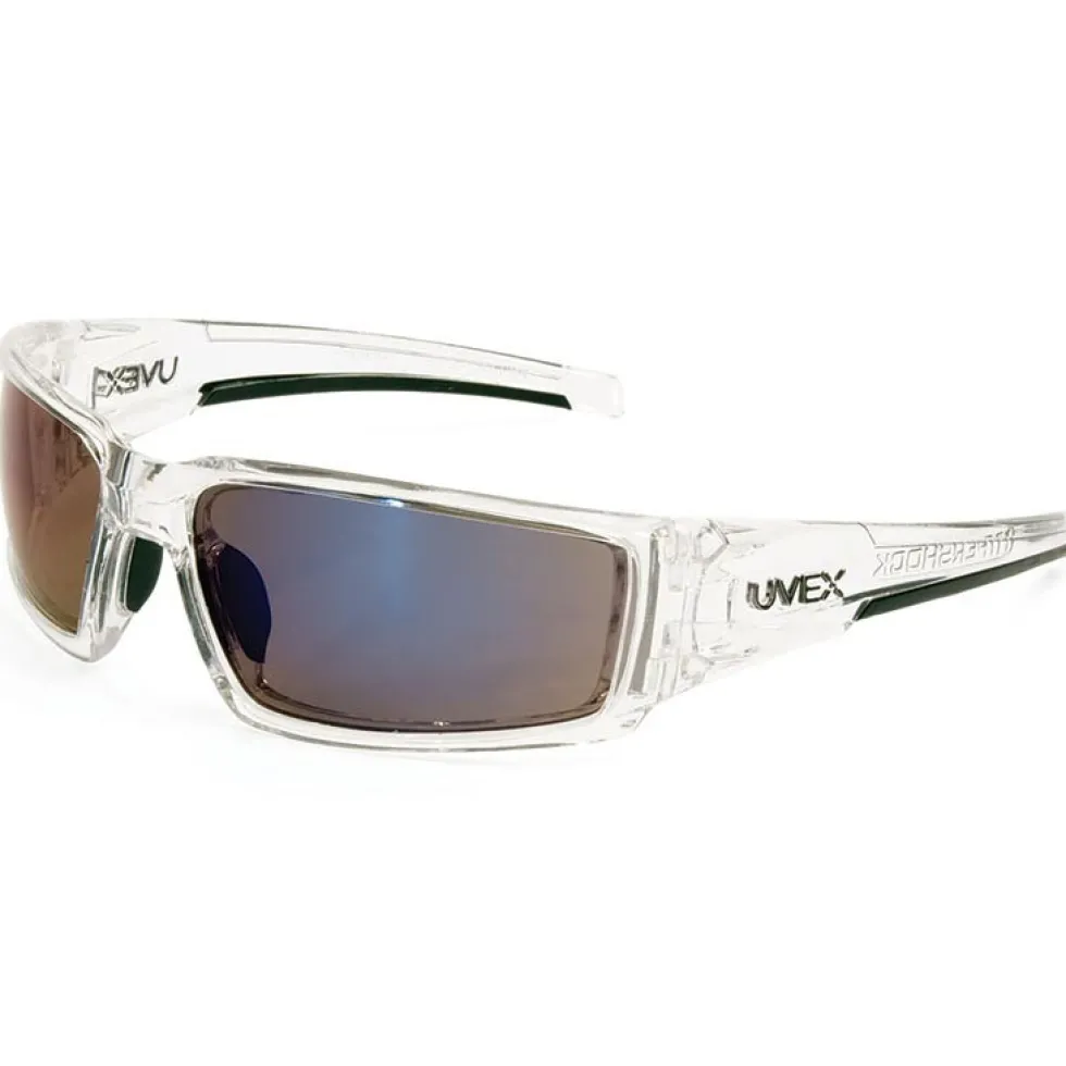 Uvex by Honeywell Hypershock Safety Glasses with Clear Ice Frame, Blue Mirror Lens and Hard Coat Lens Coating - S2975